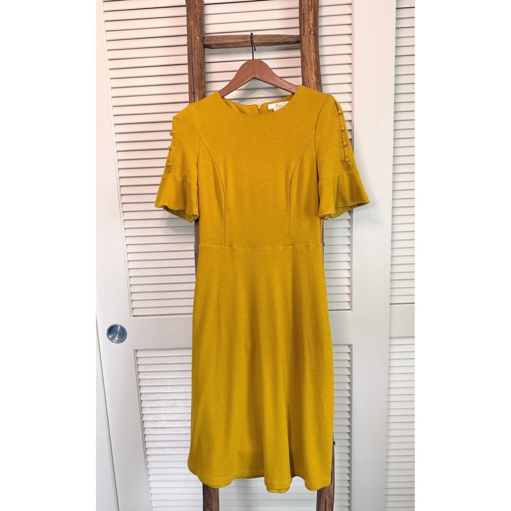 Boden Mustard Yellow Button Sleeve Fit Flare‎ Dress UK 10 US 6
